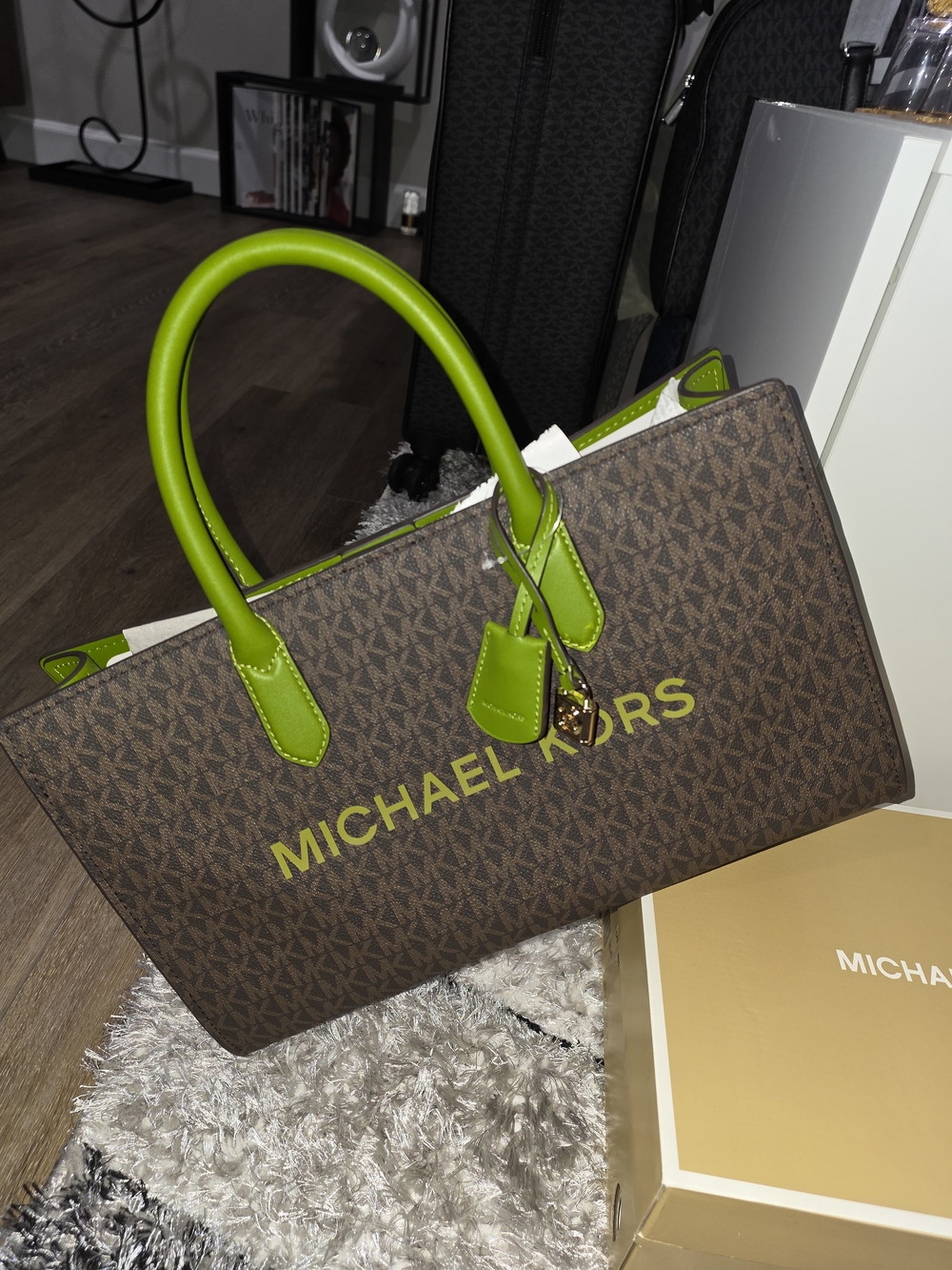 Michael Kors Brown MK Logo Tote with Lime Green Accents